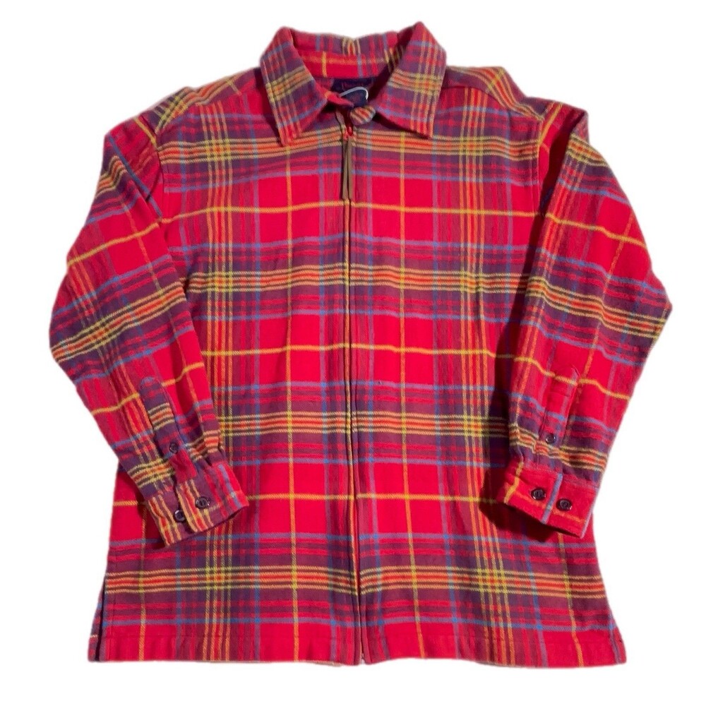 Denim & Co. women's red plaid flannel full-zip shirt jacket made of 100% cotton